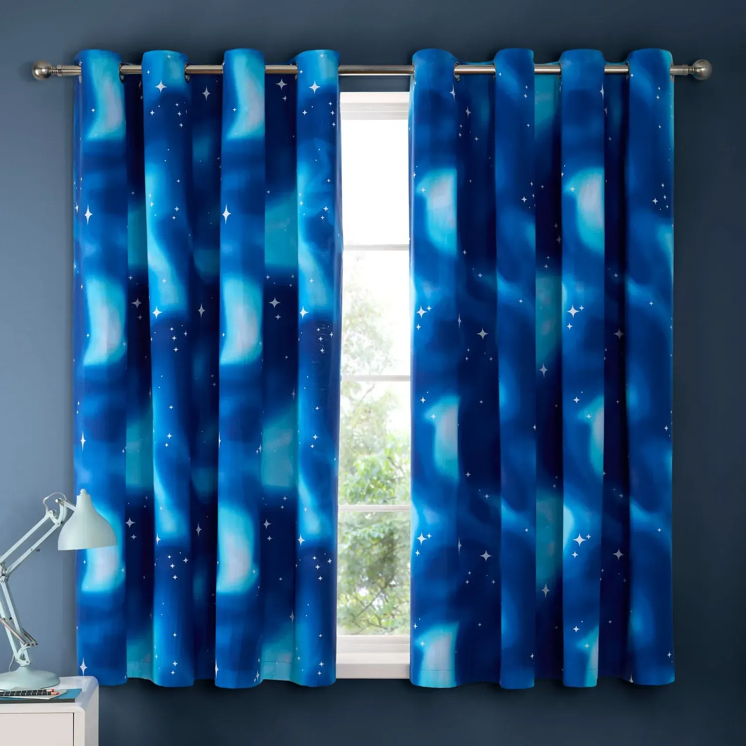 Reversible Eyelet Curtains Star Design - Blue