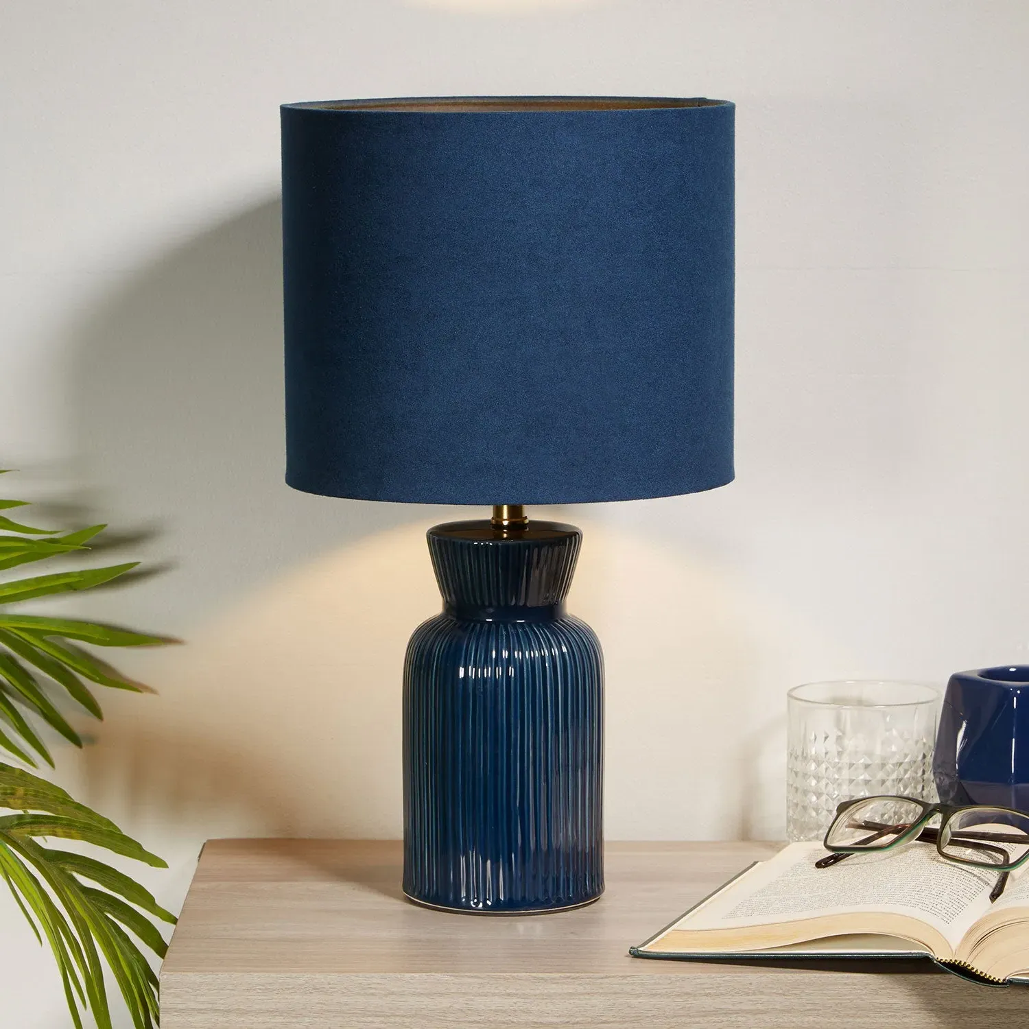 Ribbed Ceramic Table Lamp - Blue, Fabric
