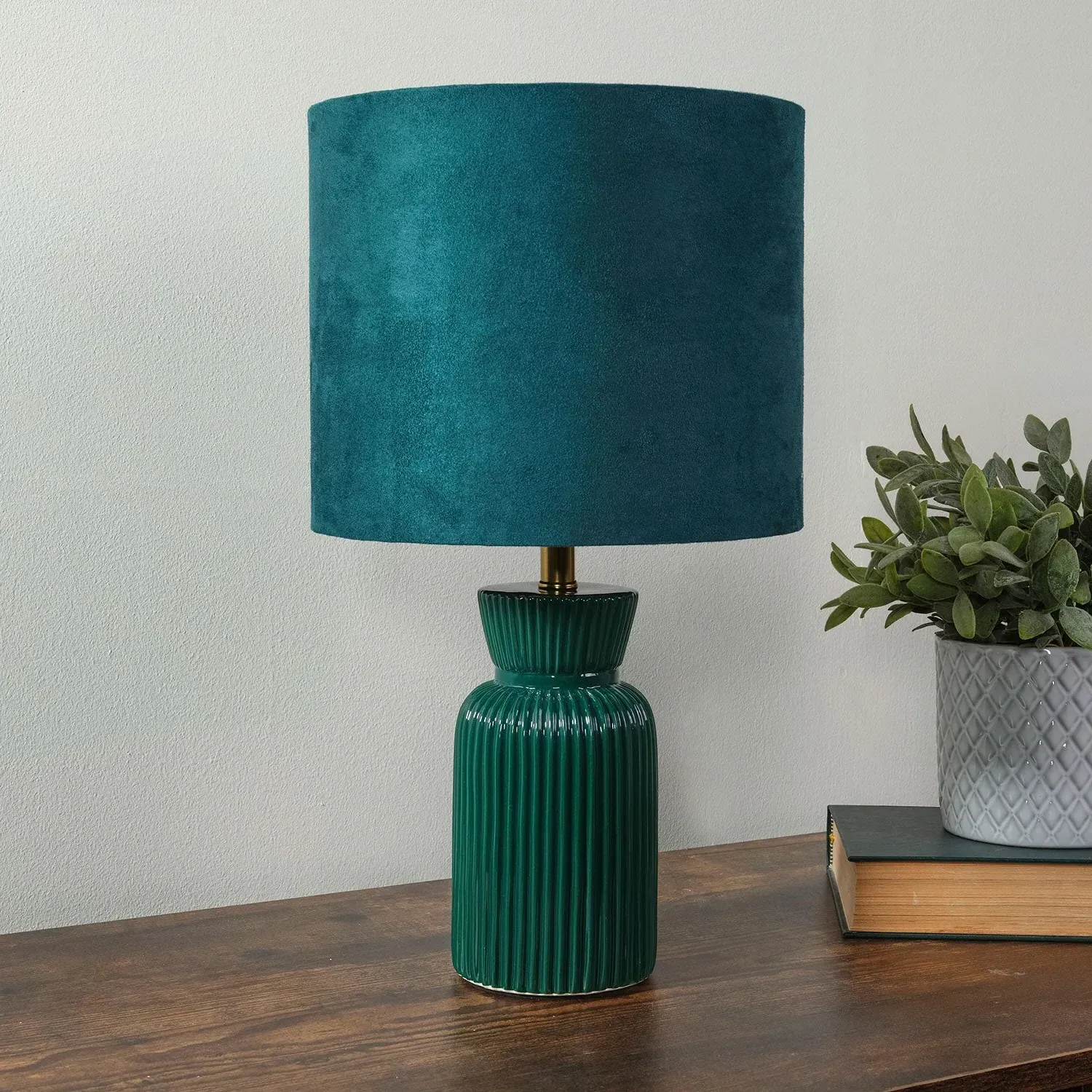 Ribbed Ceramic Table Lamp - Green, Fabric