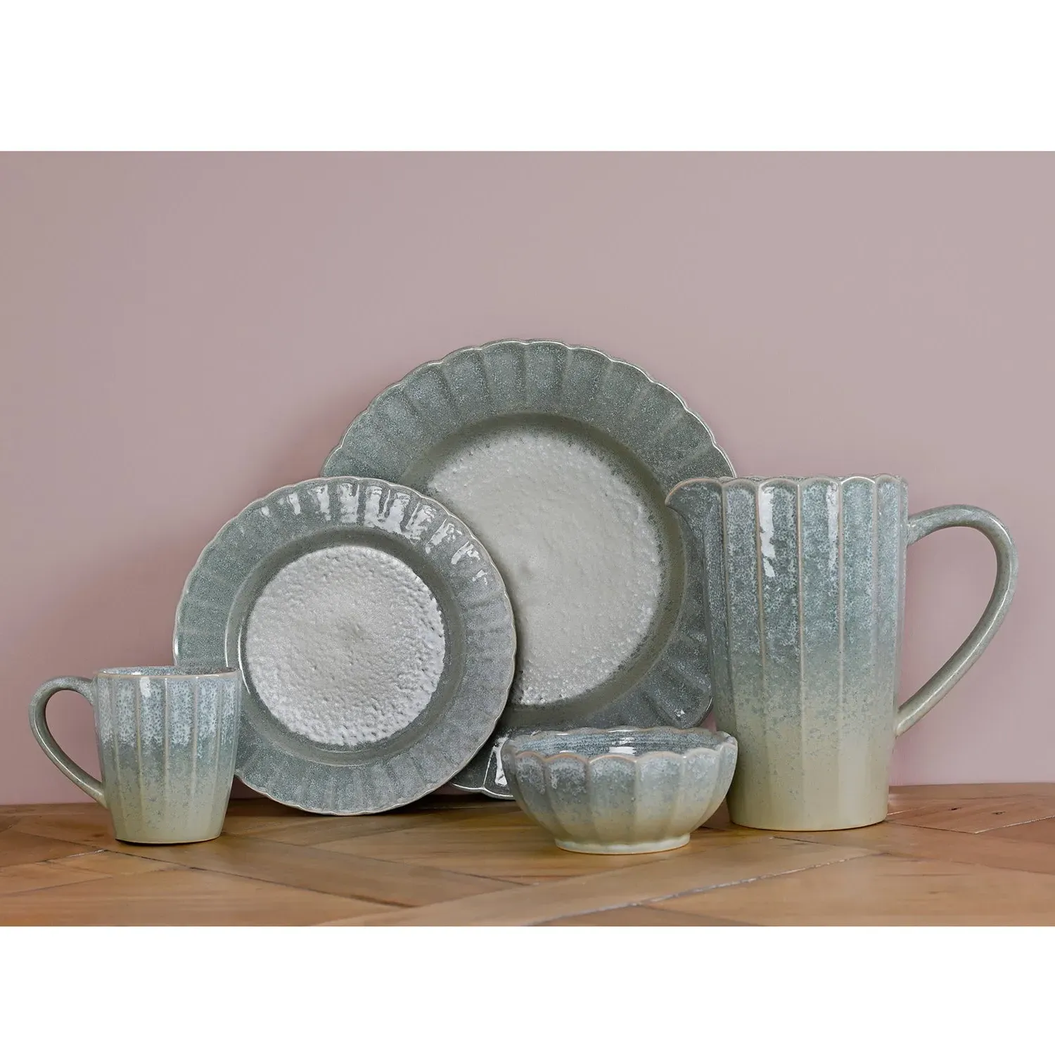 Ribbed Jug with Reactive Glaze - Green, Stoneware image