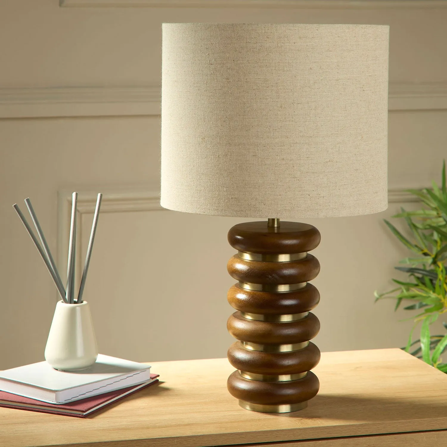 Ribbed Table Lamp with Linen Shade - Brown, Wood