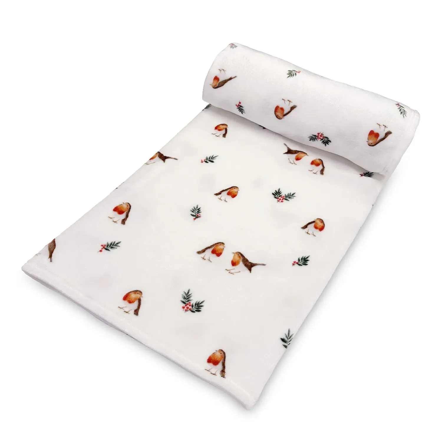 Robin Printed Fleece Throw - White by Julian Charles, alternate view