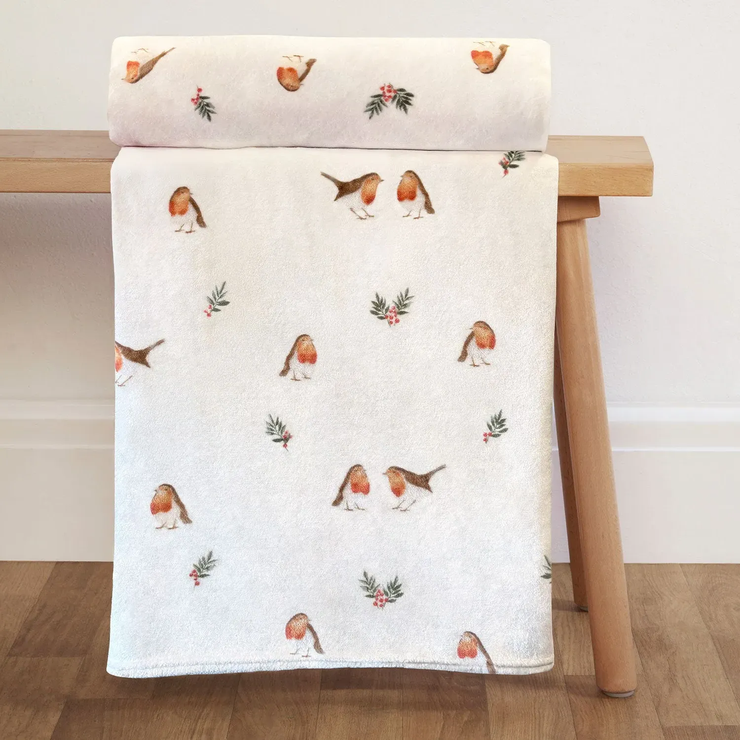 Robin Printed Fleece Throw - White by Julian Charles