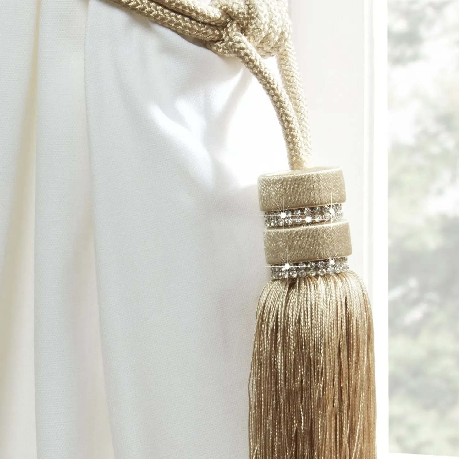 Rope Curtain Tiebacks with Diamante - Beige