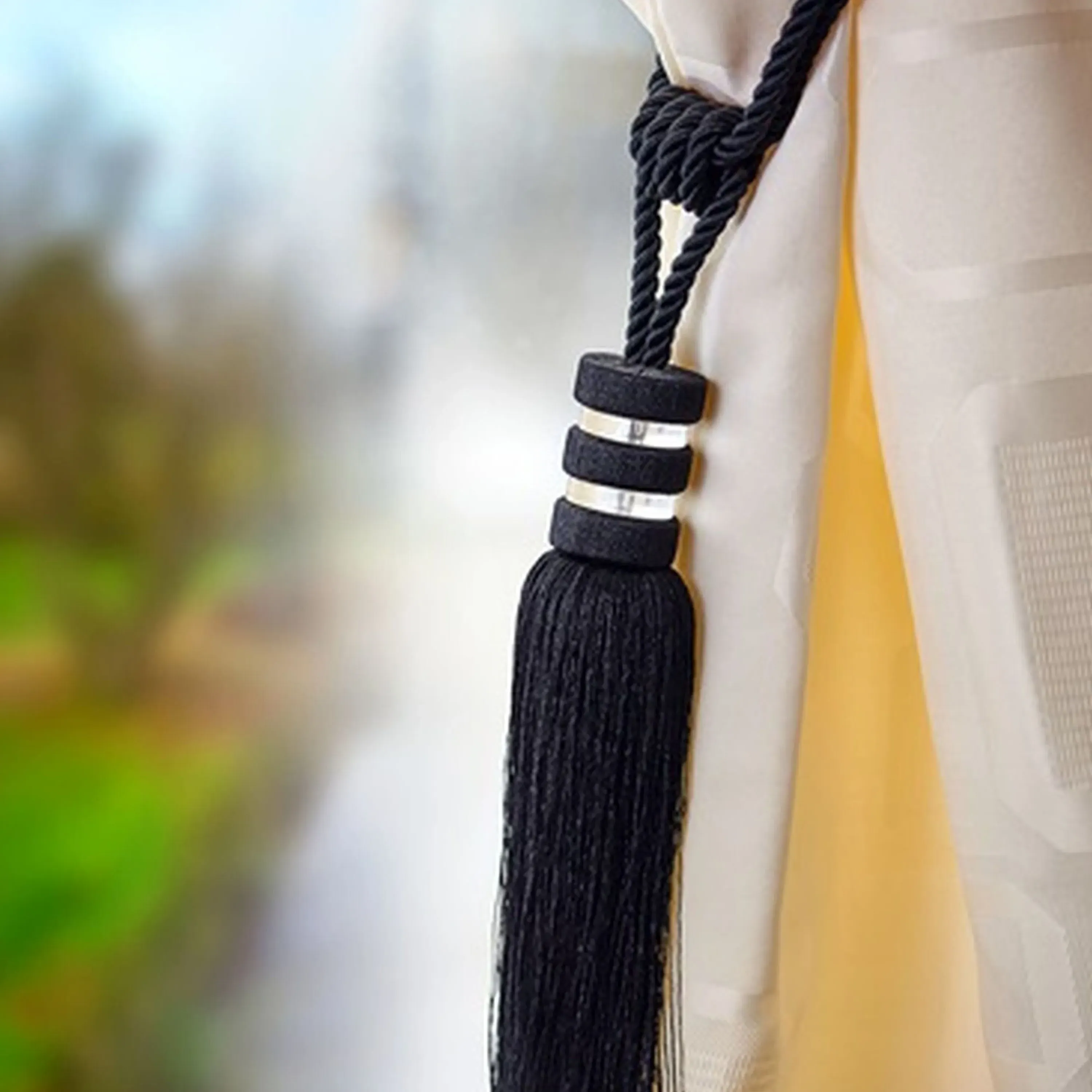 Rope Curtain Tiebacks with Tassels - Black