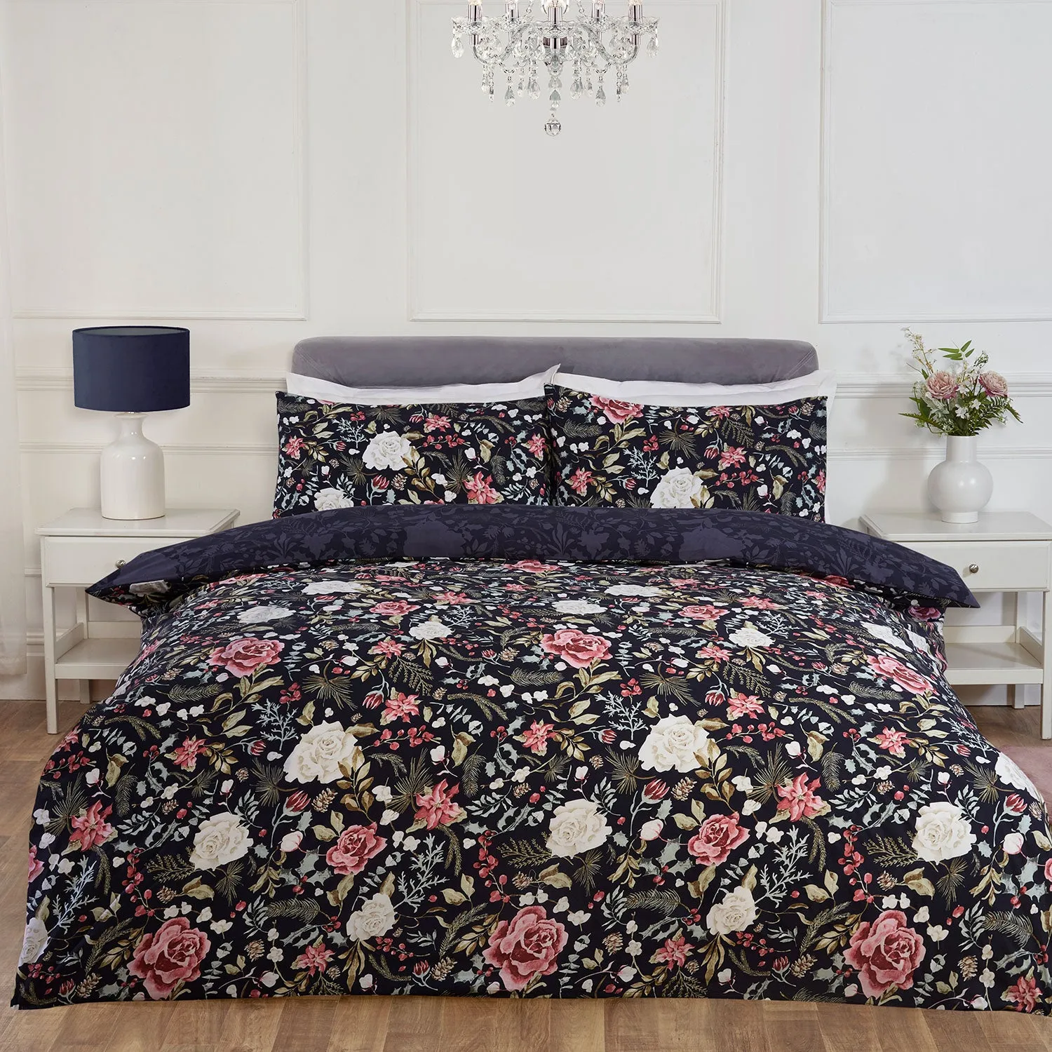 Rosa King Size Reversible Duvet Set - Navy Blue by Julian Charles