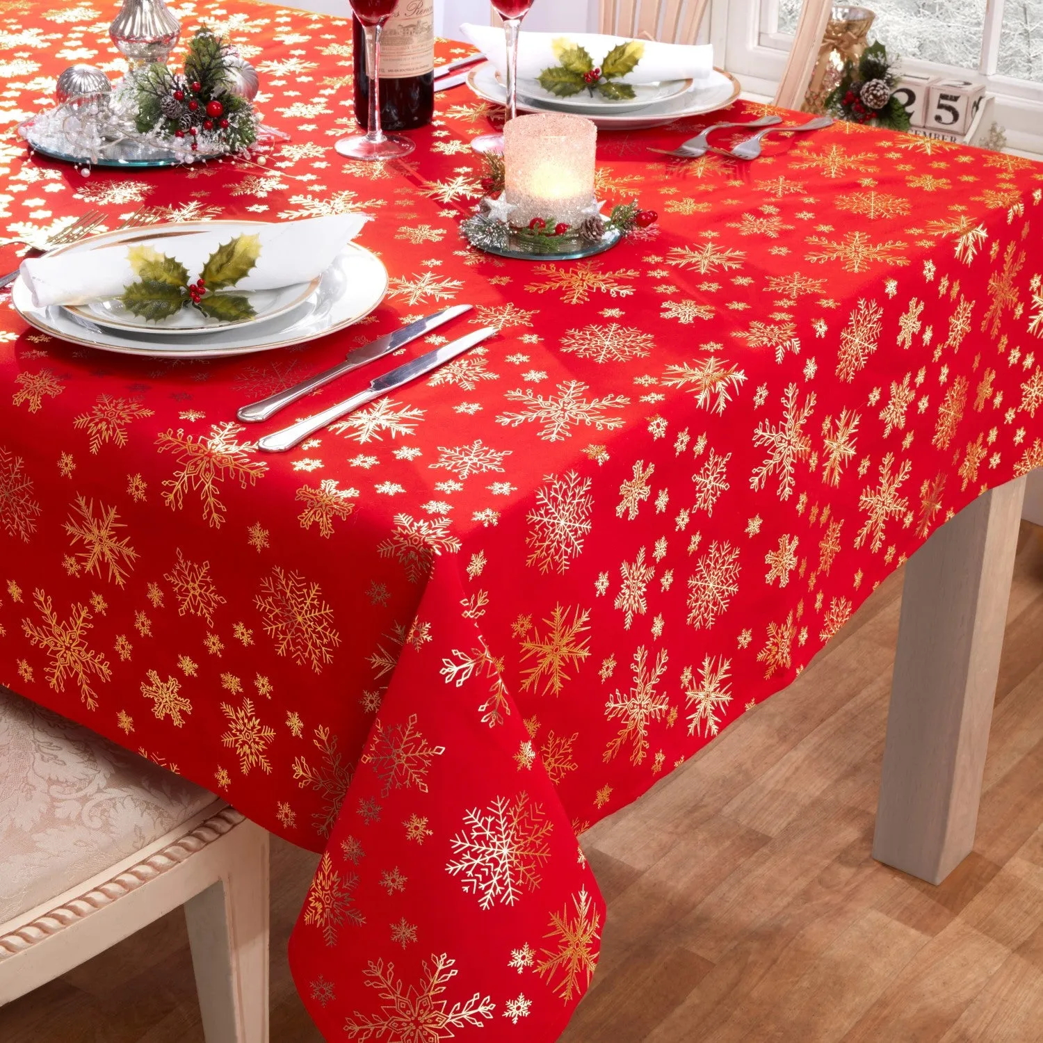 Round Christmas Table Cloth with Foil Print - Red