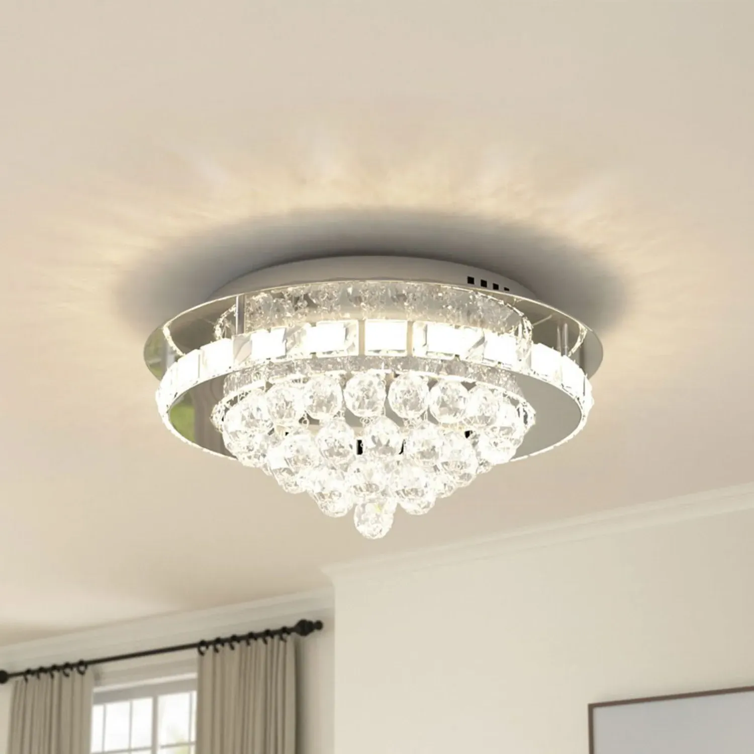 Round Crystal Droplet LED Semi Flush Ceiling Light - Silver product