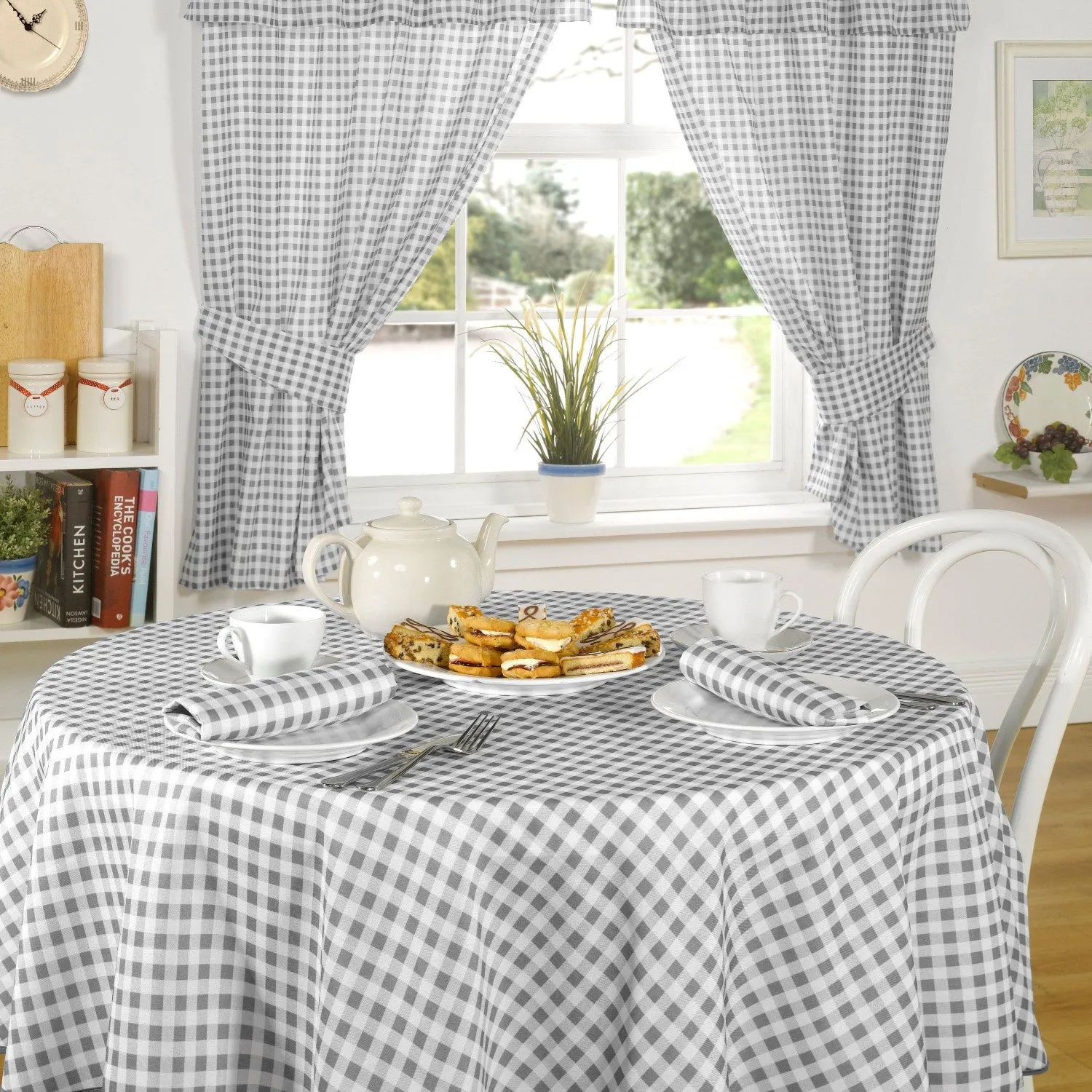Round Gingham Tablecloth with Piped Hem - Grey, Polyester