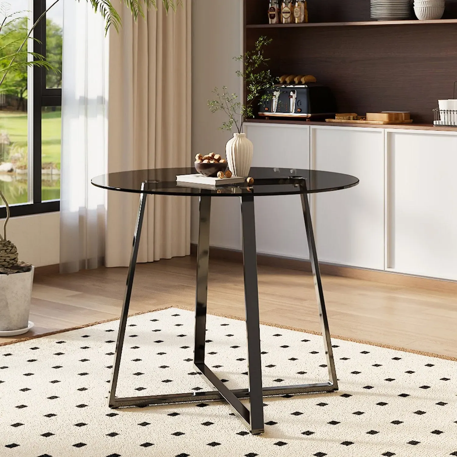 Round Glass Dining Table with Metal Base - Black by Julian Charles, image 2