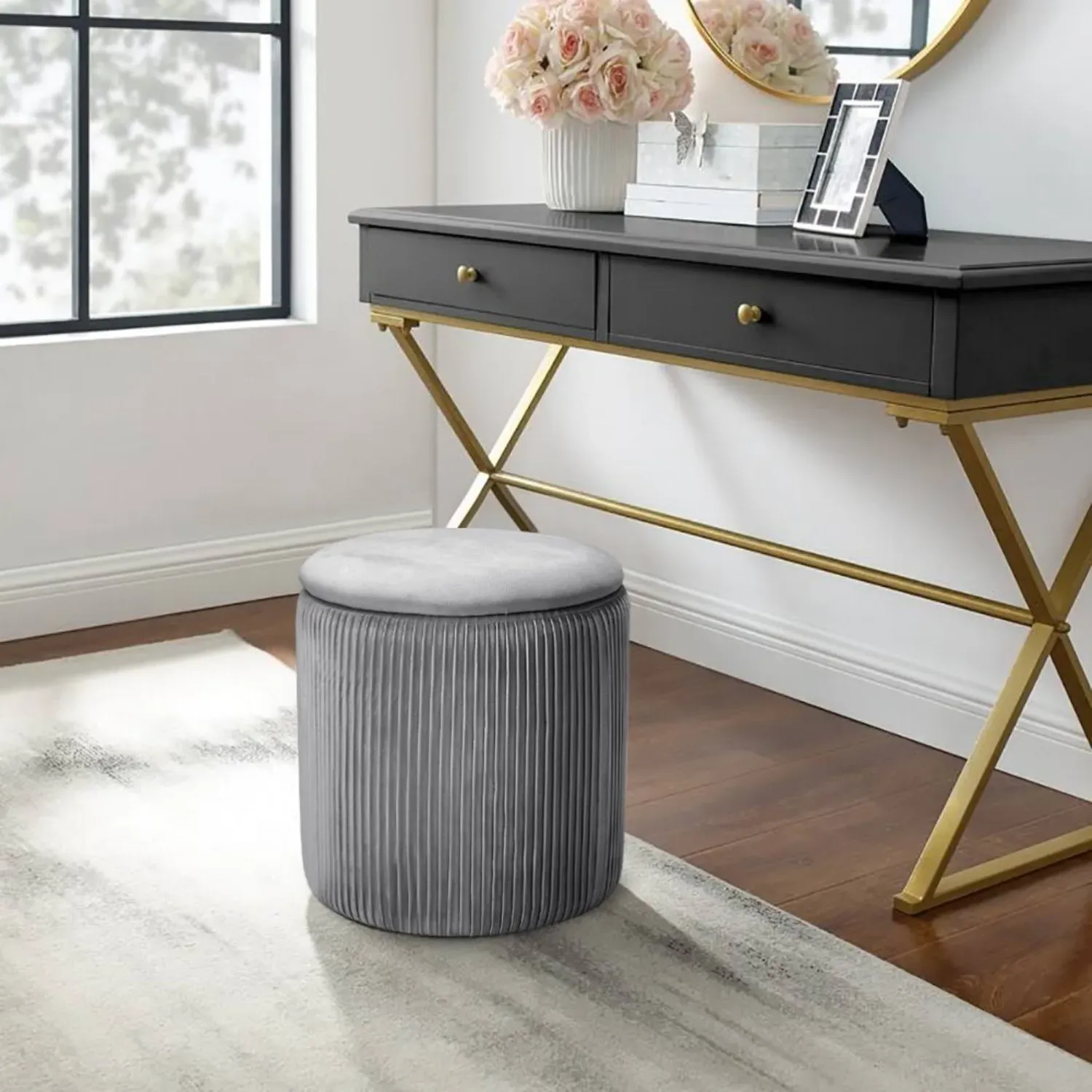 Round Storage Ottoman - Grey, Velvet alternate view