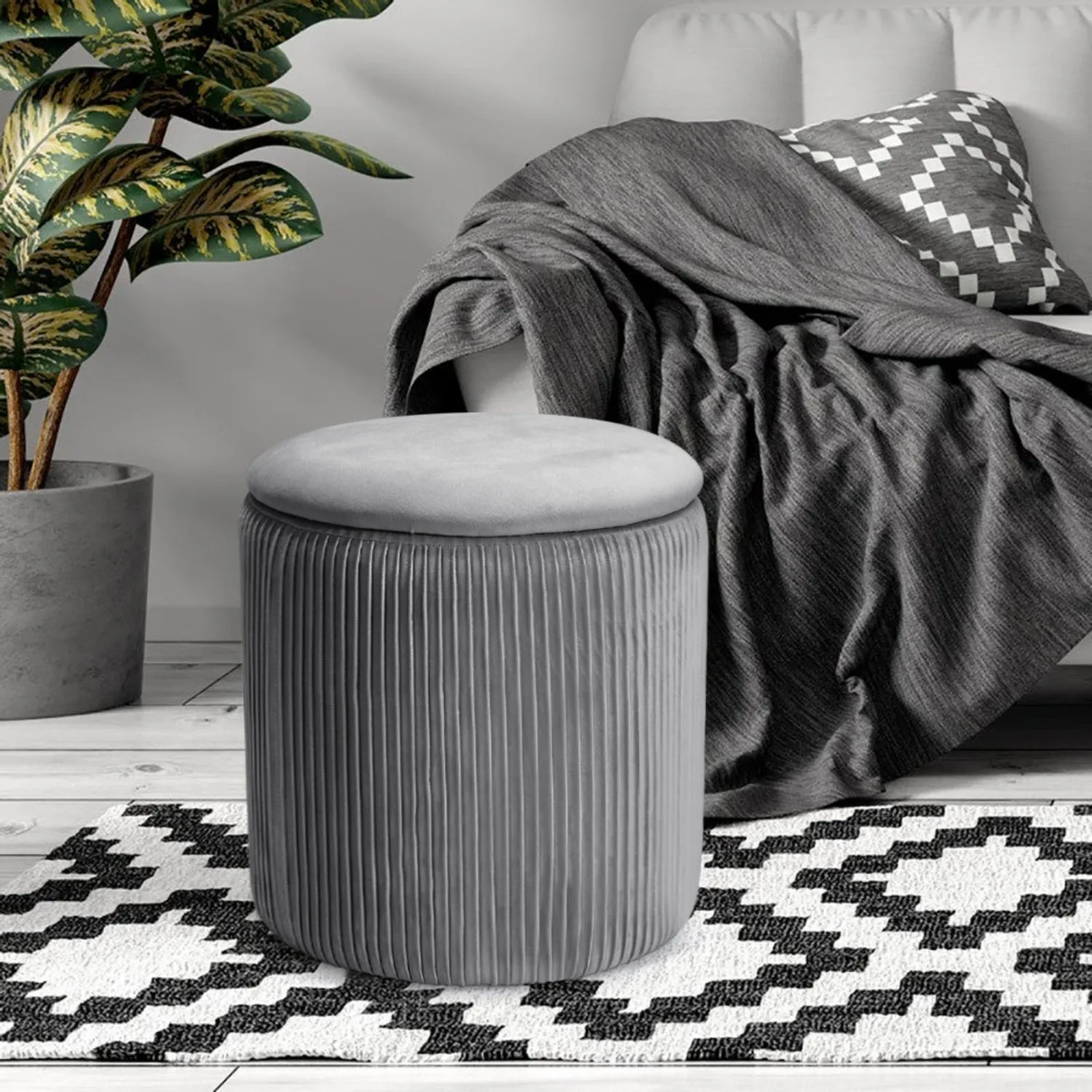Round Storage Ottoman - Grey, Velvet product