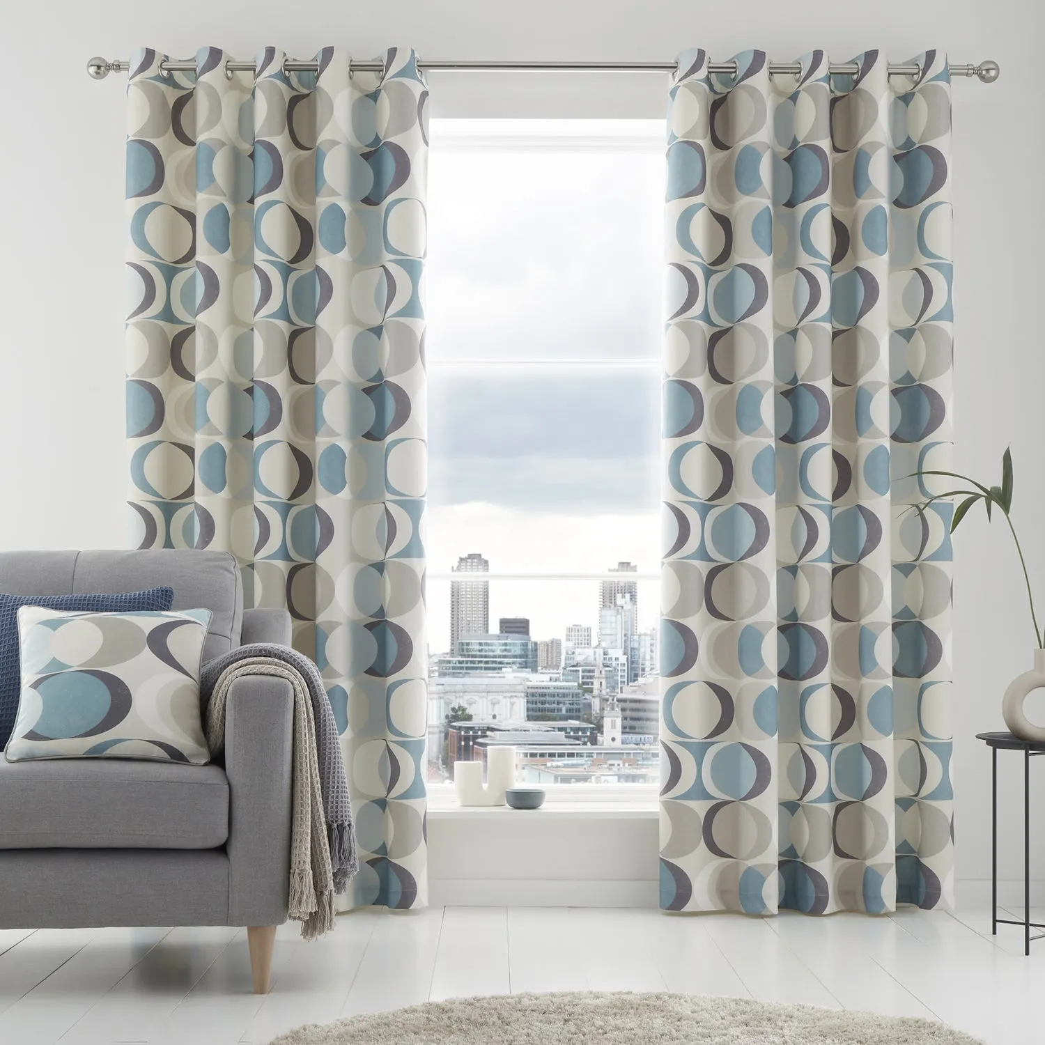 Eyelet Curtains with Circle Print - Blue, Cotton product