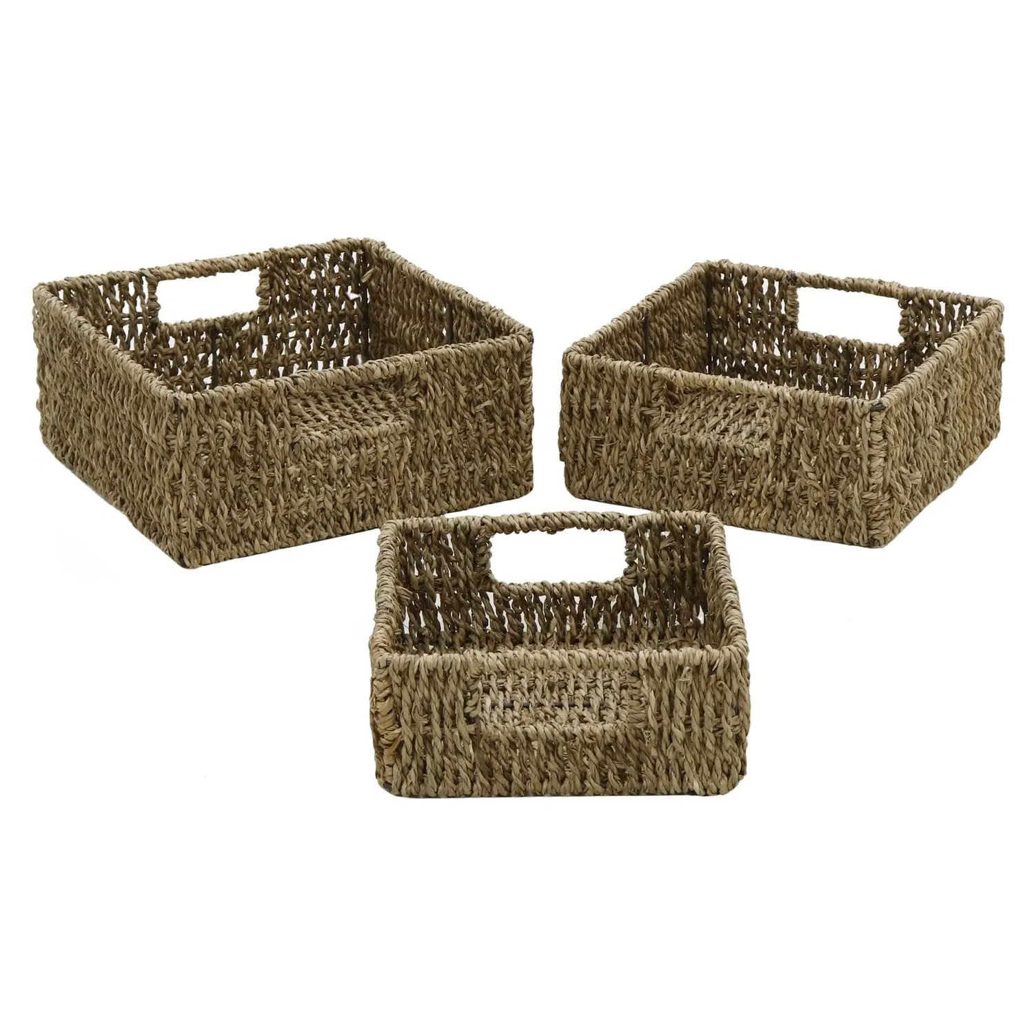 Set of 3 Square Storage Baskets with Lids - Natural, Seagrass product