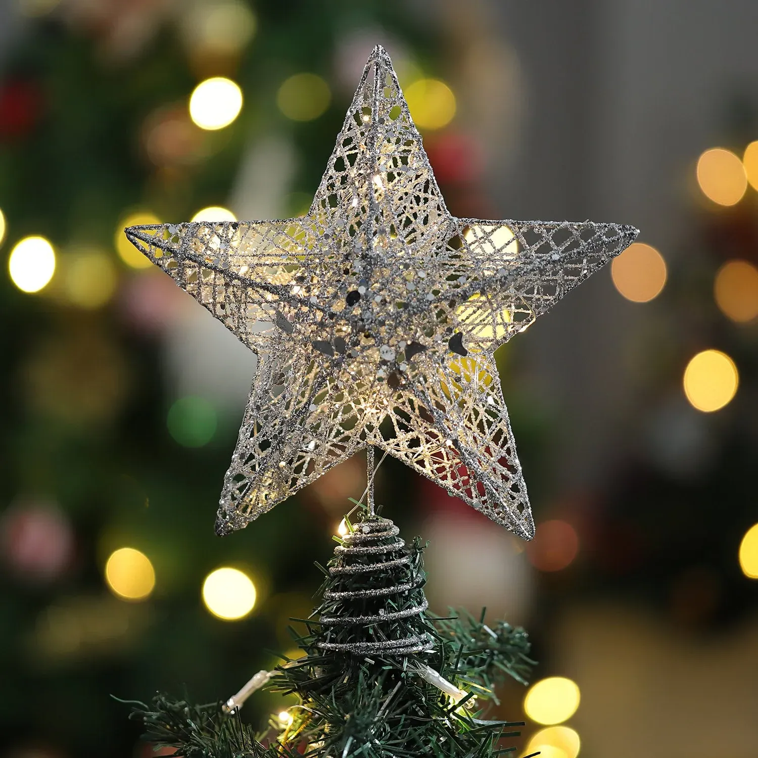 Sequin Star Tree Topper with LED Lights - Silver by Julian Charles
