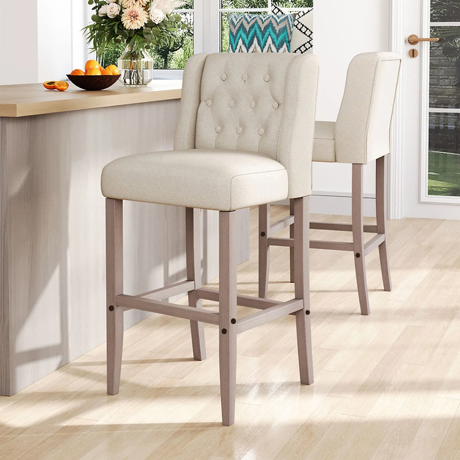 Set of 2 Button Tufted Bar Stools - Beige, Linen by Julian Charles
