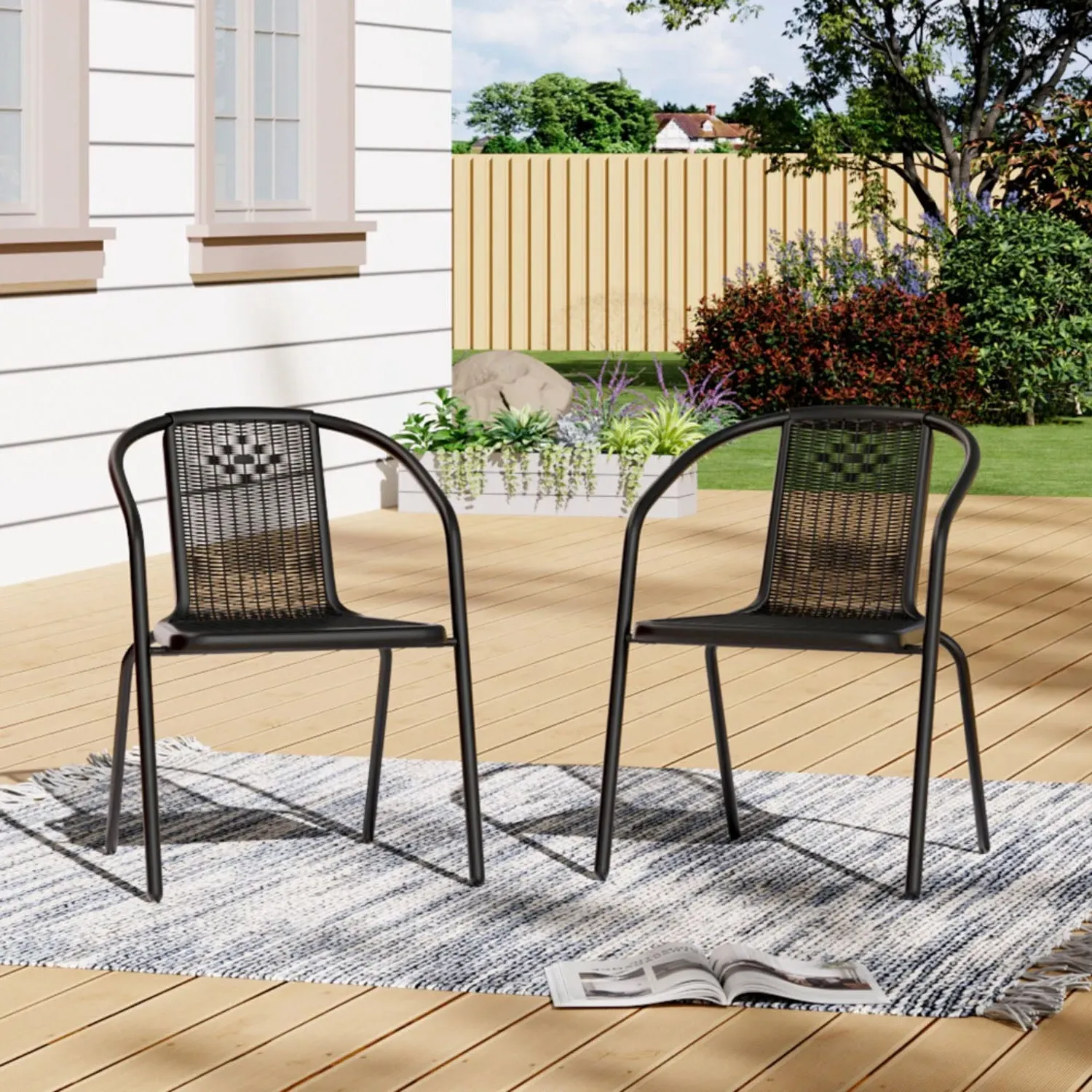 Set of 2 PE Rattan Stacking Garden Chairs - Black alternate view