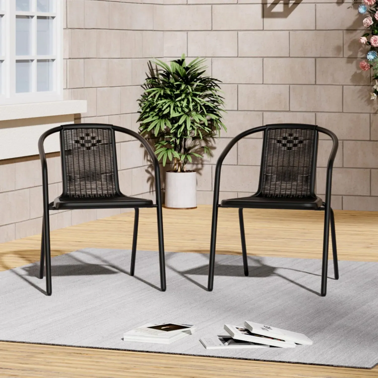 Set of 2 PE Rattan Stacking Garden Chairs - Black product