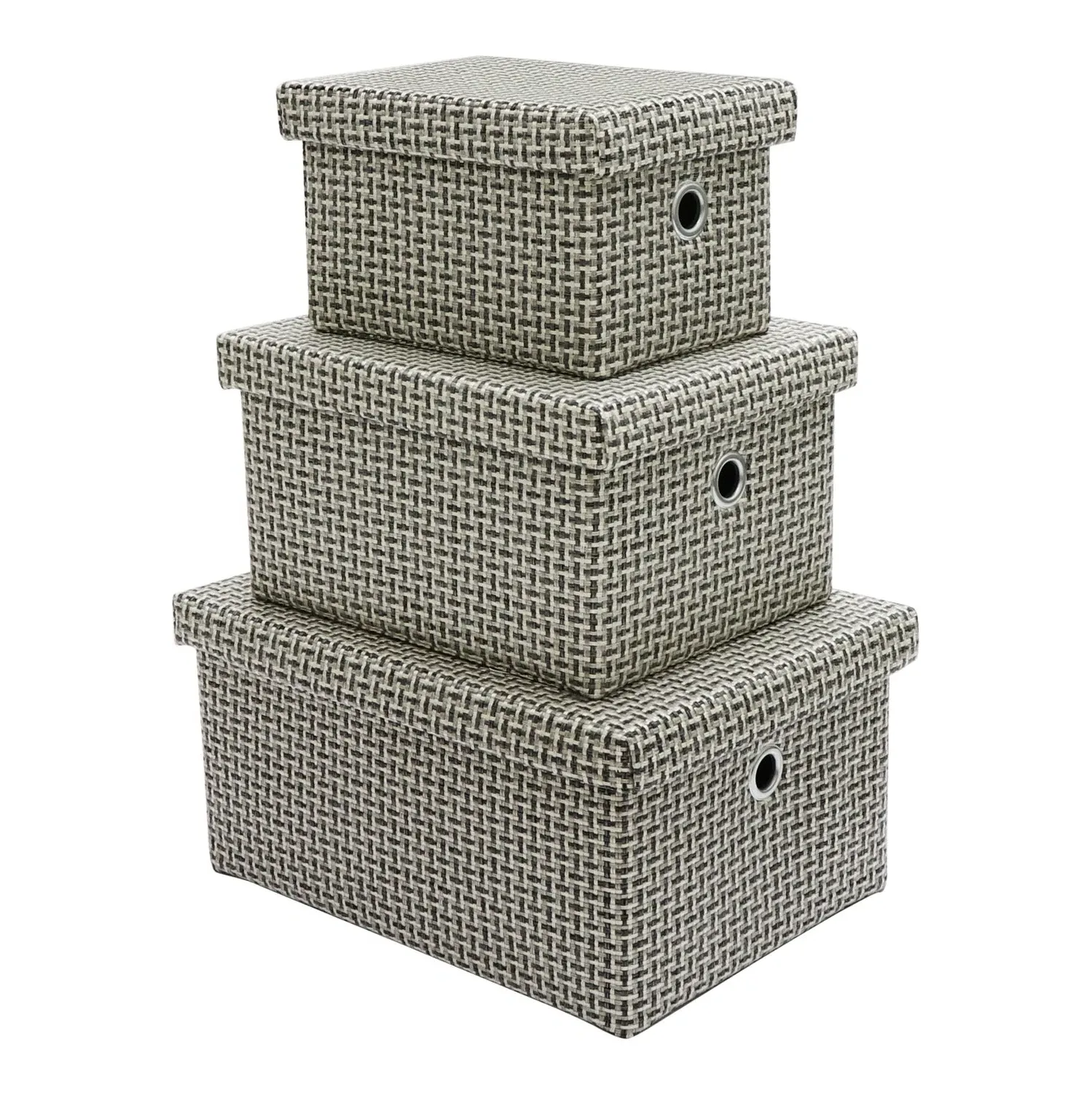 Set of 3 Storage Boxes with Lids - Grey, Fabric