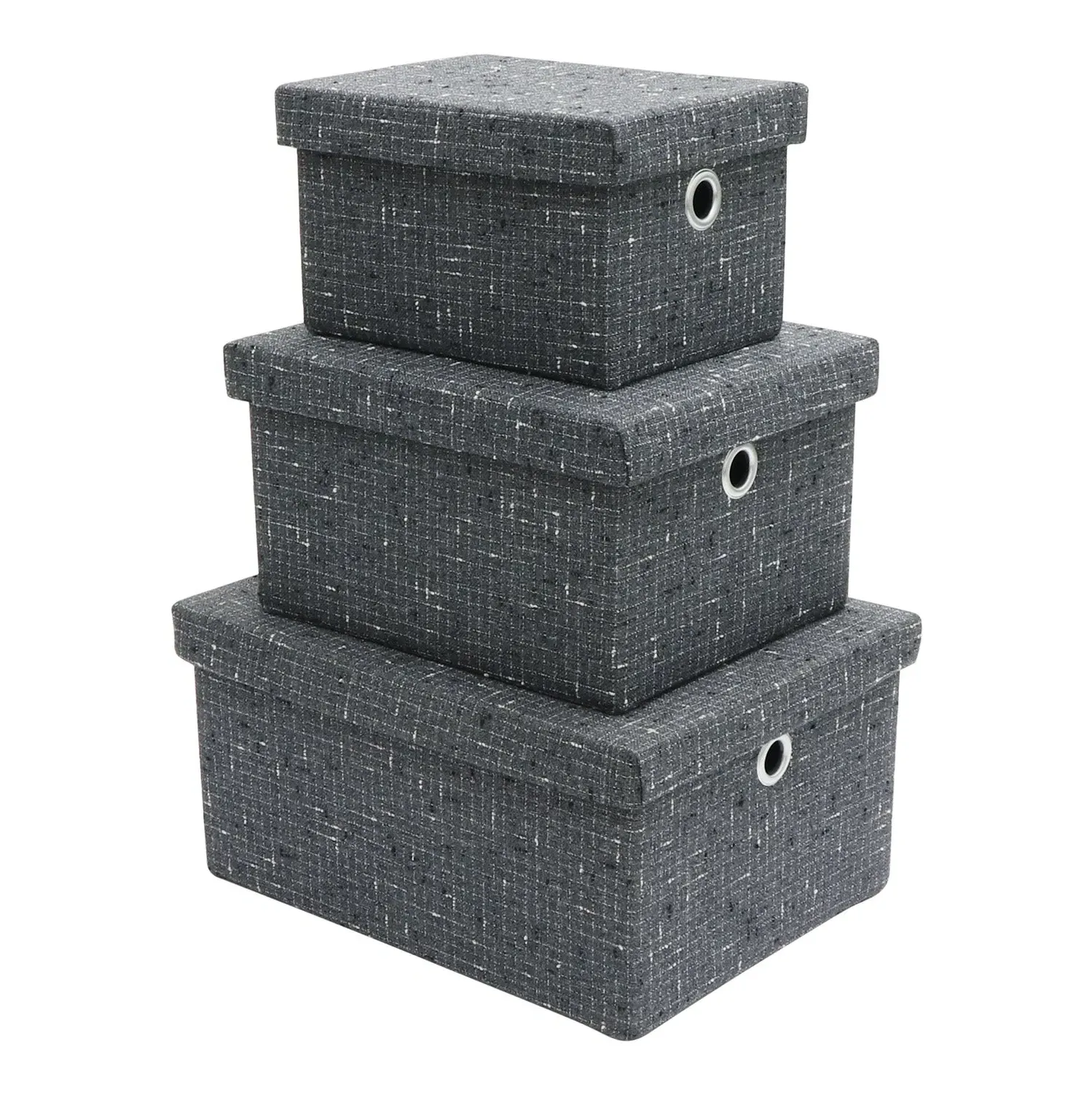 Set of 3 Storage Boxes with Lids - Grey, Fabric