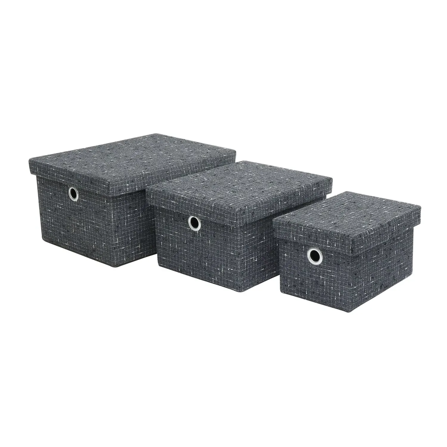 Set of 3 Storage Boxes with Lids - Grey, Fabric