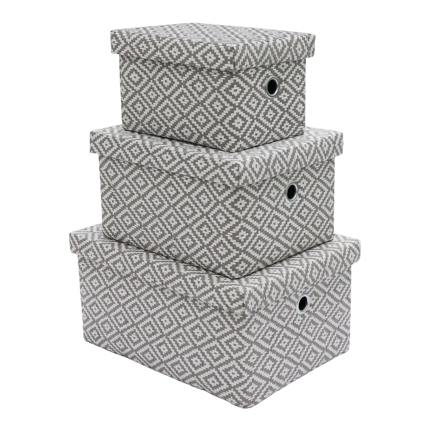 Set of 3 Storage Boxes with Lids - Grey, Fabric