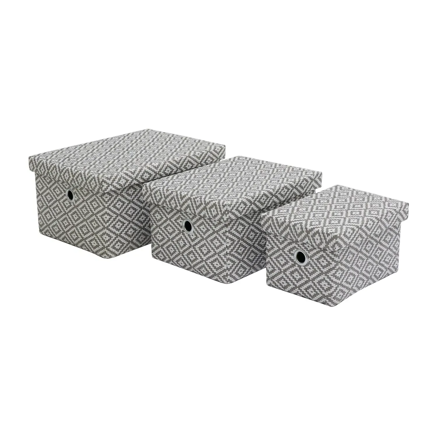 Set of 3 Storage Boxes with Lids - Grey, Fabric