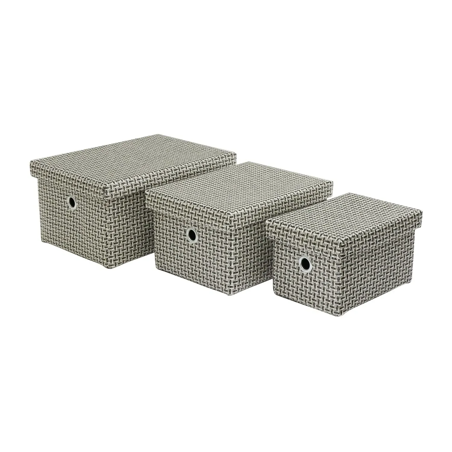 Set of 3 Storage Boxes with Lids - Grey, Fabric
