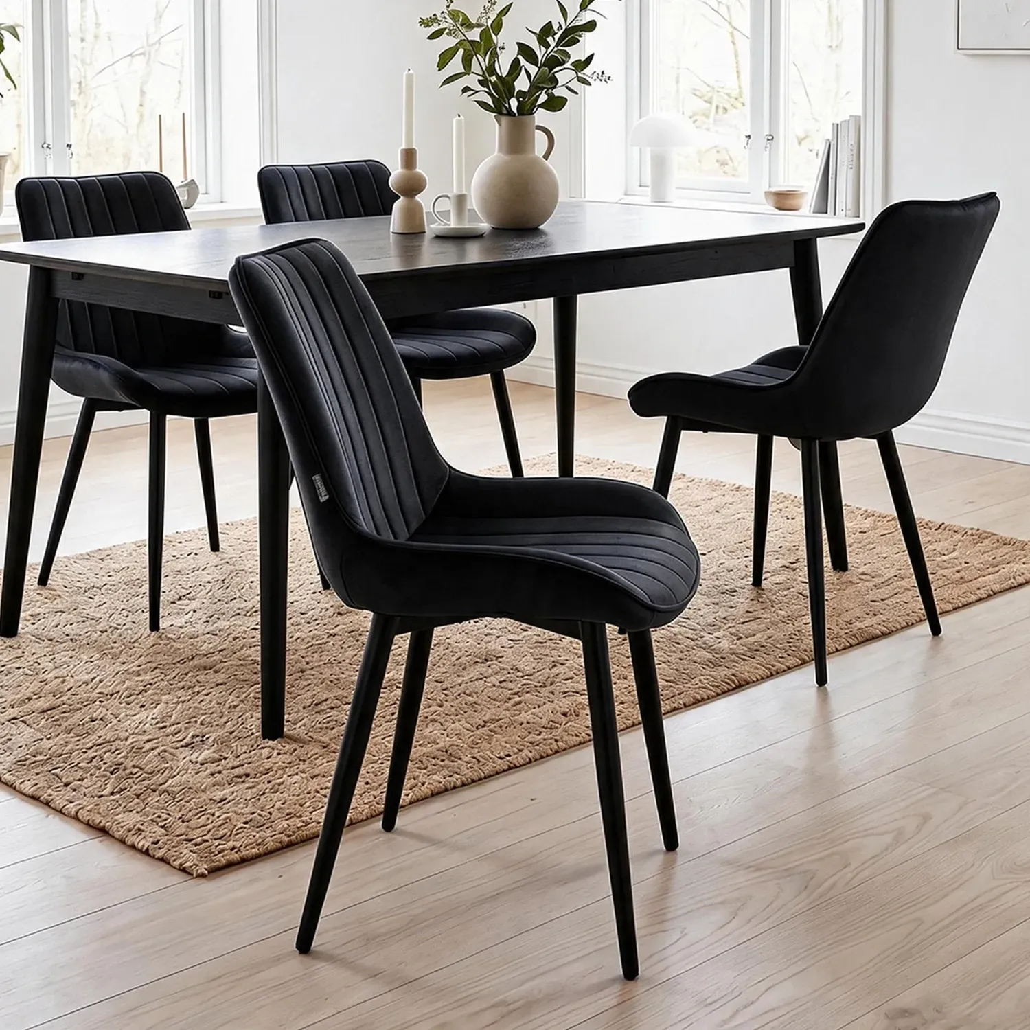 Set of 4 Quilted Dining Chairs - Black, Velvet by Julian Charles