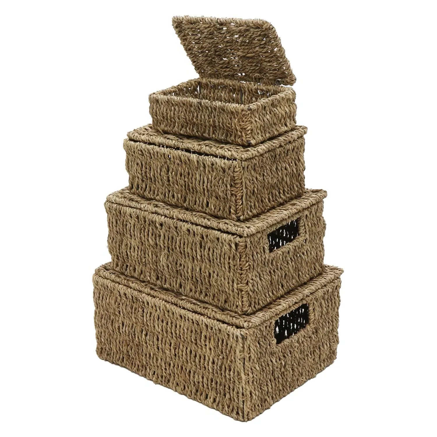 Set of 4 Storage Baskets with Lids - Natural Seagrass