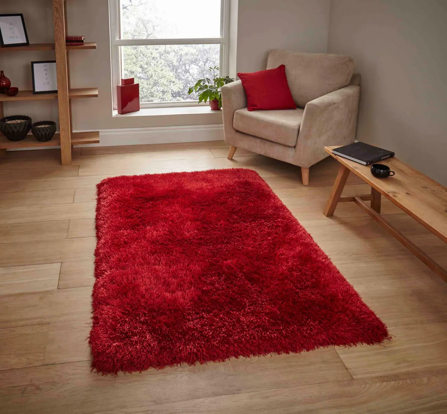 Shaggy Rug with 8cm Pile - Red, Hand-Tufted