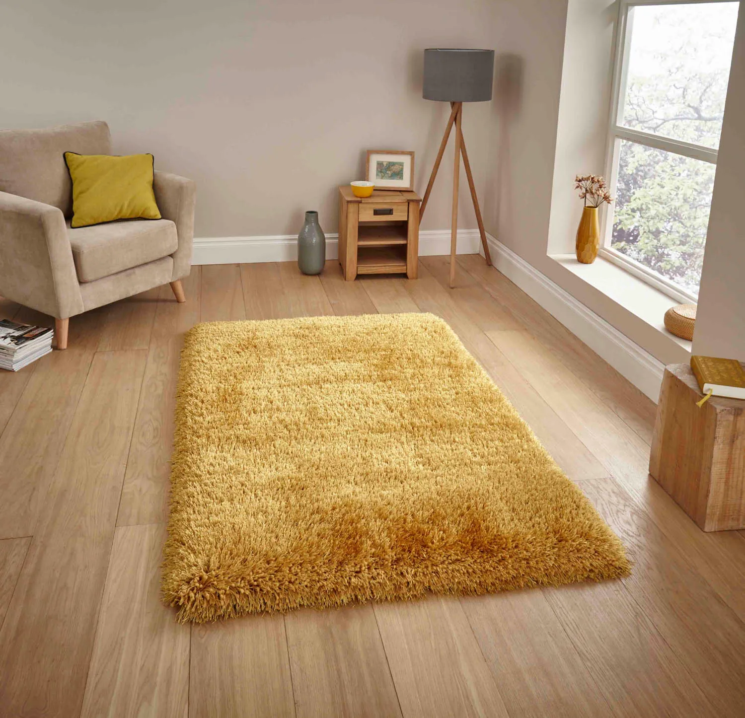Shaggy Rug with 8cm Pile - Yellow, Hand-Tufted