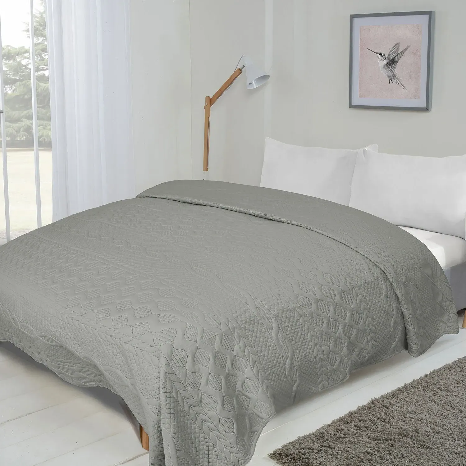 Single Bedspread with Aran Embroidery - Silver