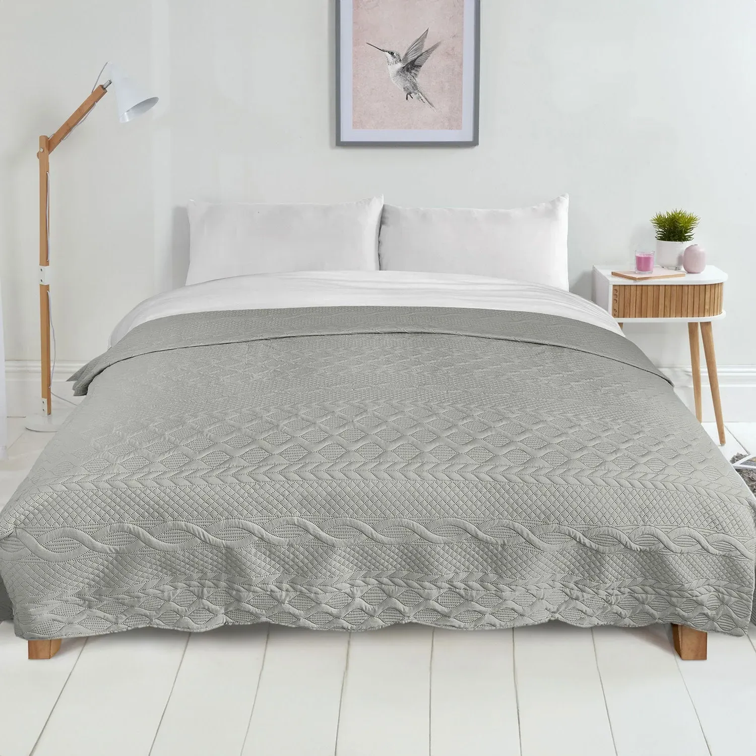 Single Bedspread with Aran Embroidery - Silver