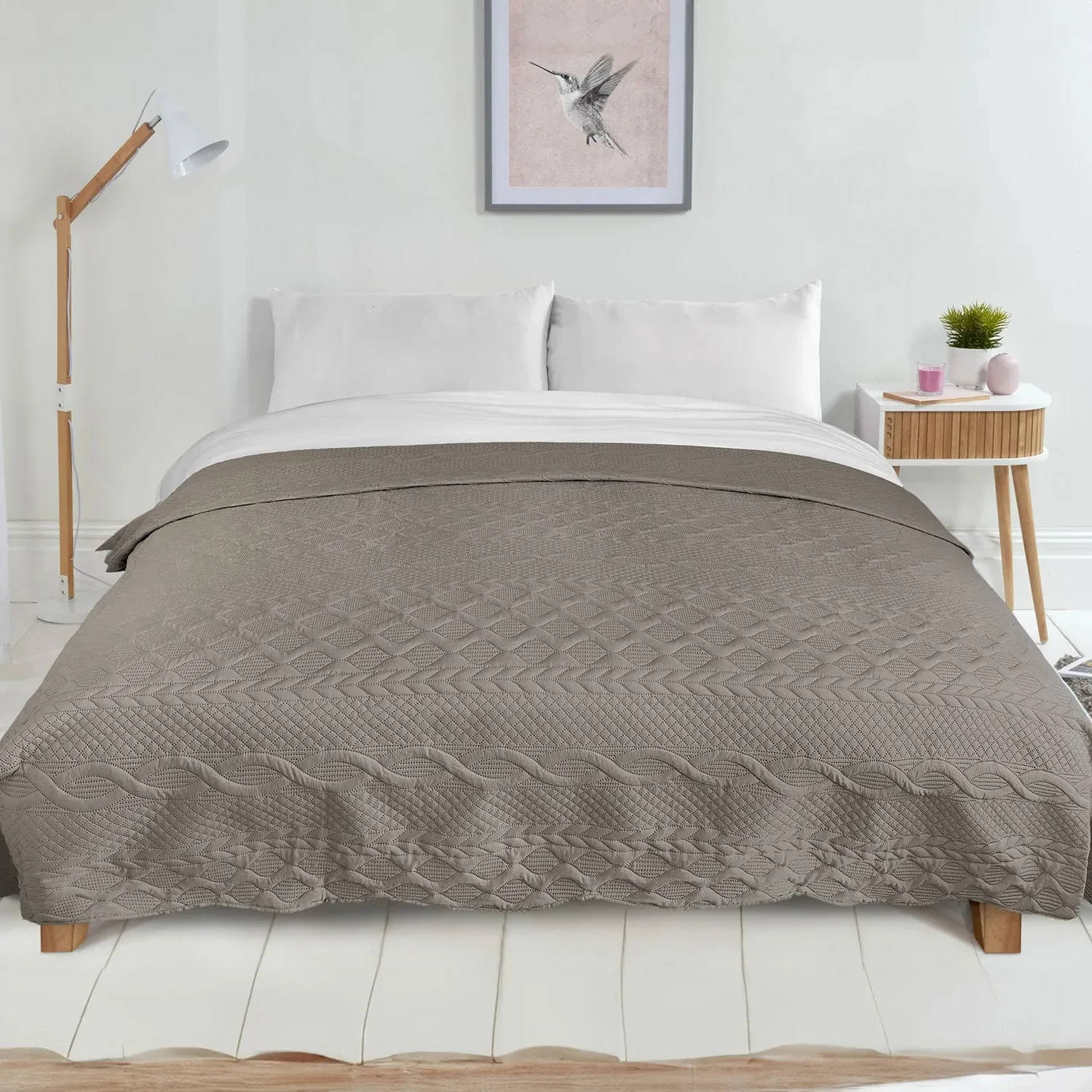 Single Bedspread with Aran Embroidery - Stone image