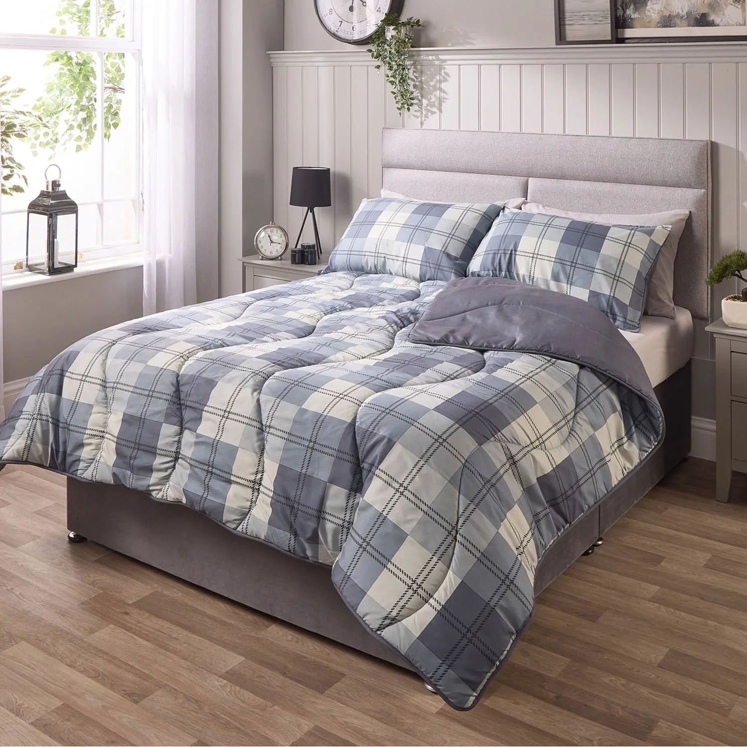 Single Check Duvet Set - Grey, Hollowfibre
