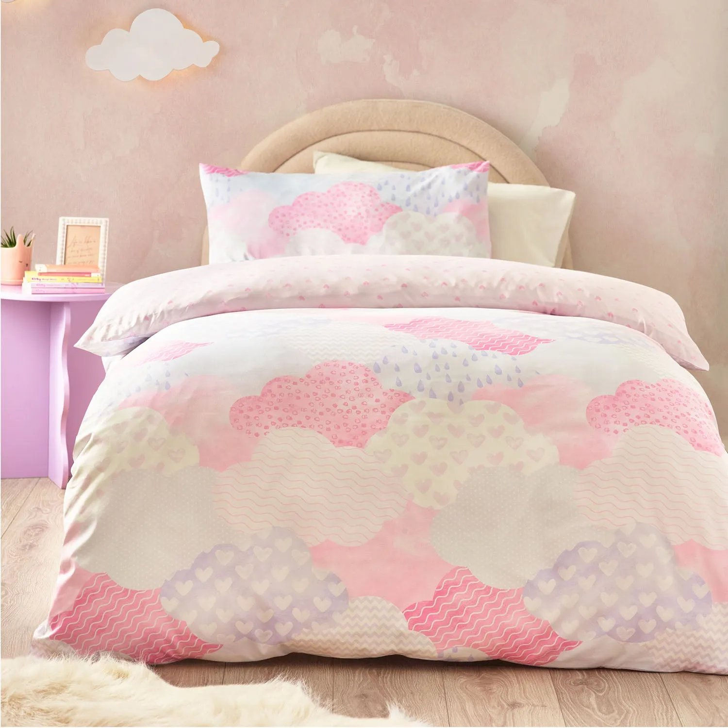 Single Cloud Pattern Duvet Set - Pink, Microfiber