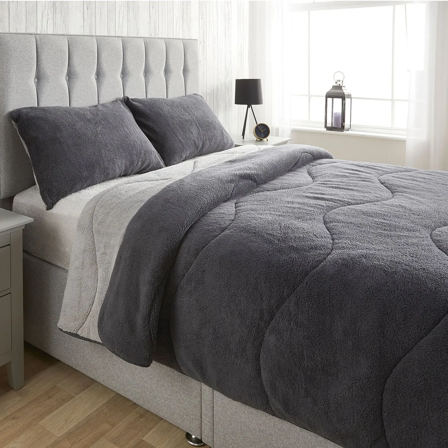 Single Coverless Duvet Set - Grey, Teddy Fleece