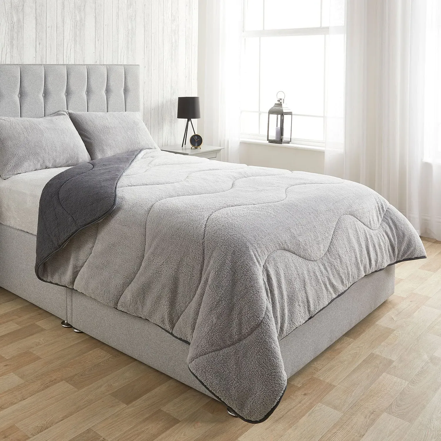 Single Coverless Duvet Set - Grey, Teddy Fleece image
