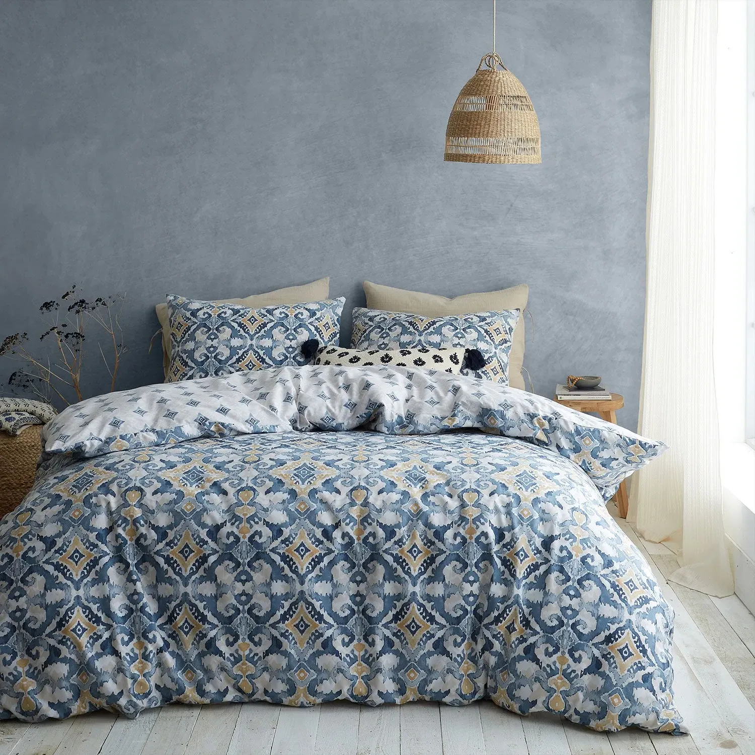 Single Duvet Cover Set Reversible - Blue, Cotton