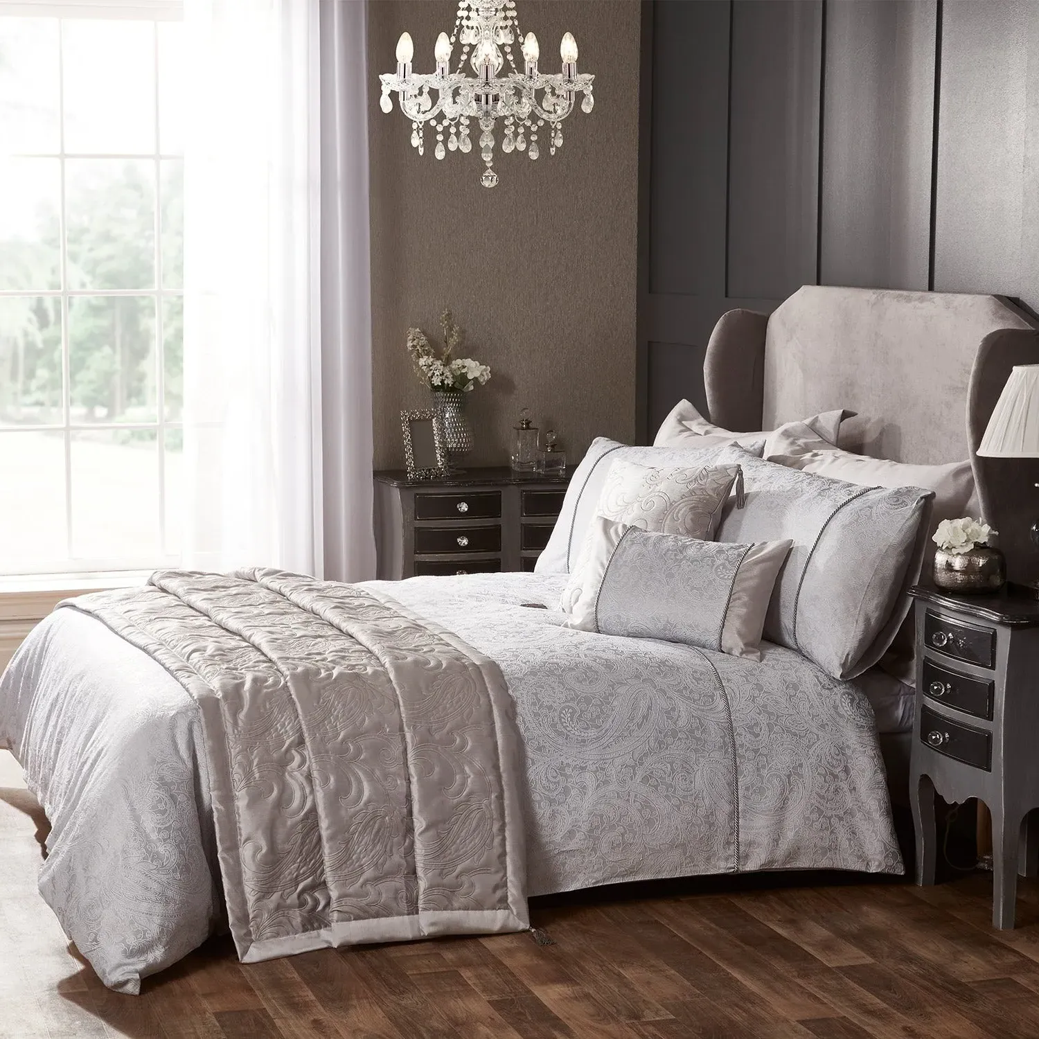 Single Duvet Cover with Jacquard - Grey, Cotton