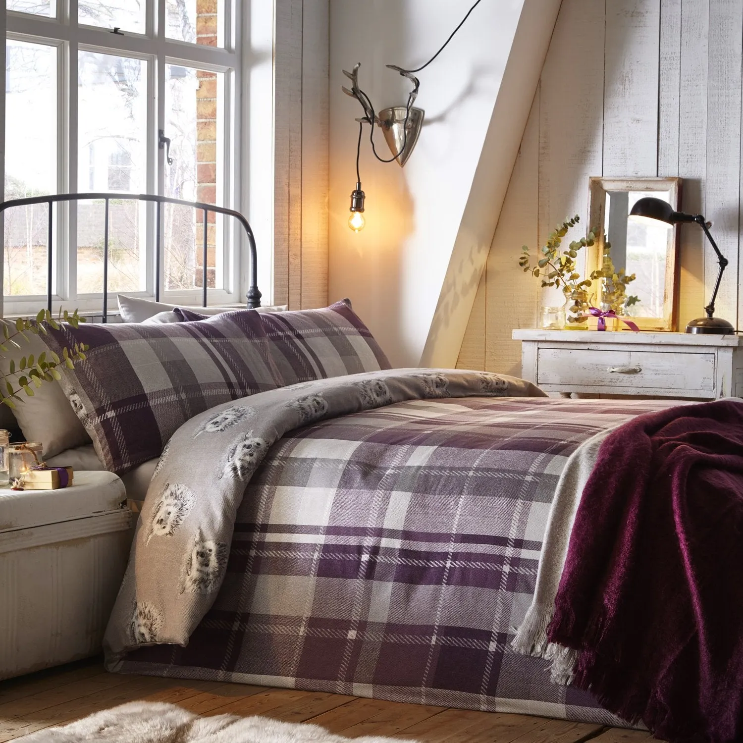 Single Duvet Set Check Pattern - Purple, Cotton