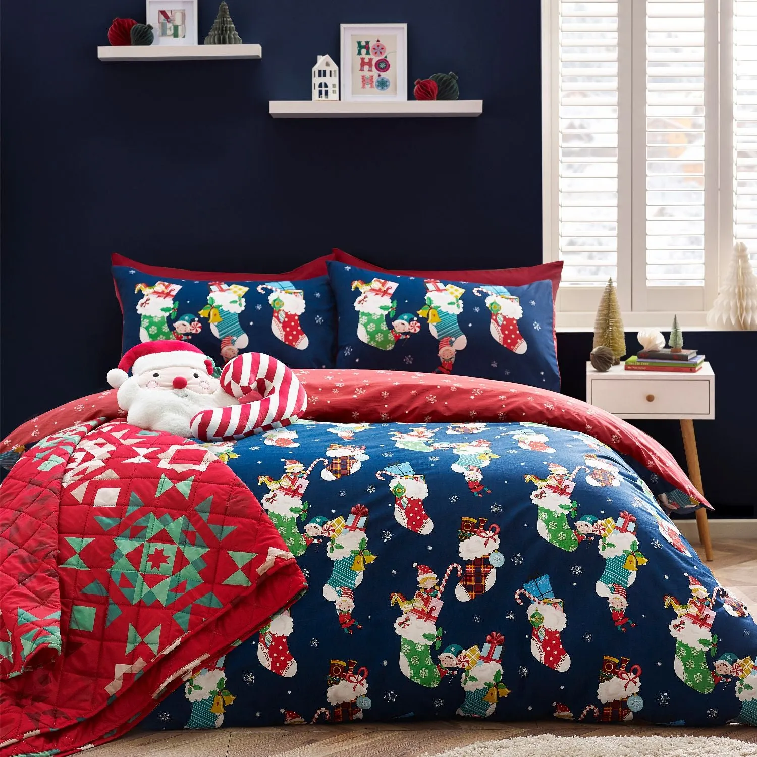 Single Duvet Set Christmas Elves - Navy, Cotton