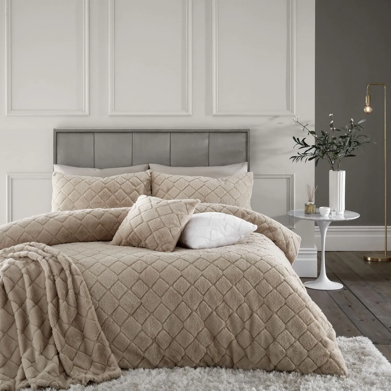Single Duvet Set Diamond Pattern - Natural, Faux Fur