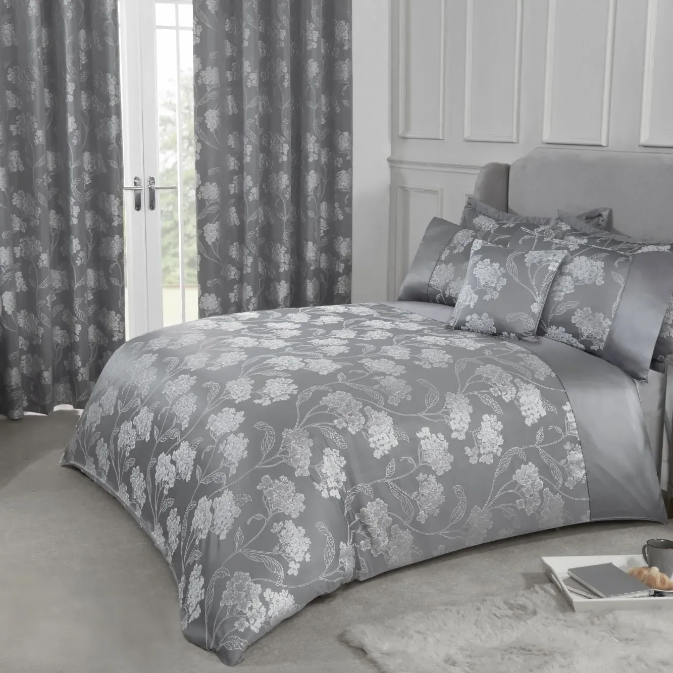 Single Duvet Set Embellished Jacquard - Grey