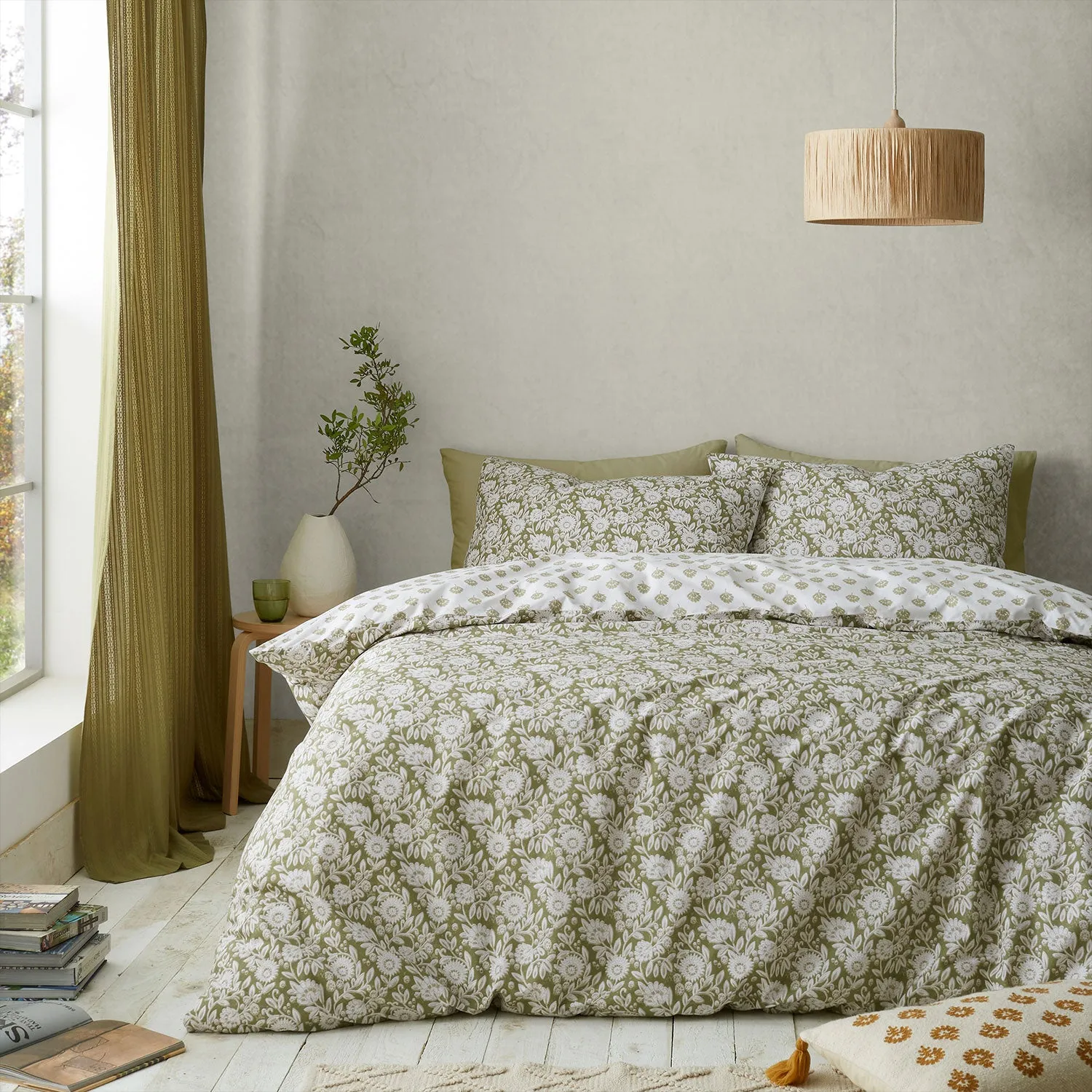 Single Duvet Set Floral - Green, Cotton Blend