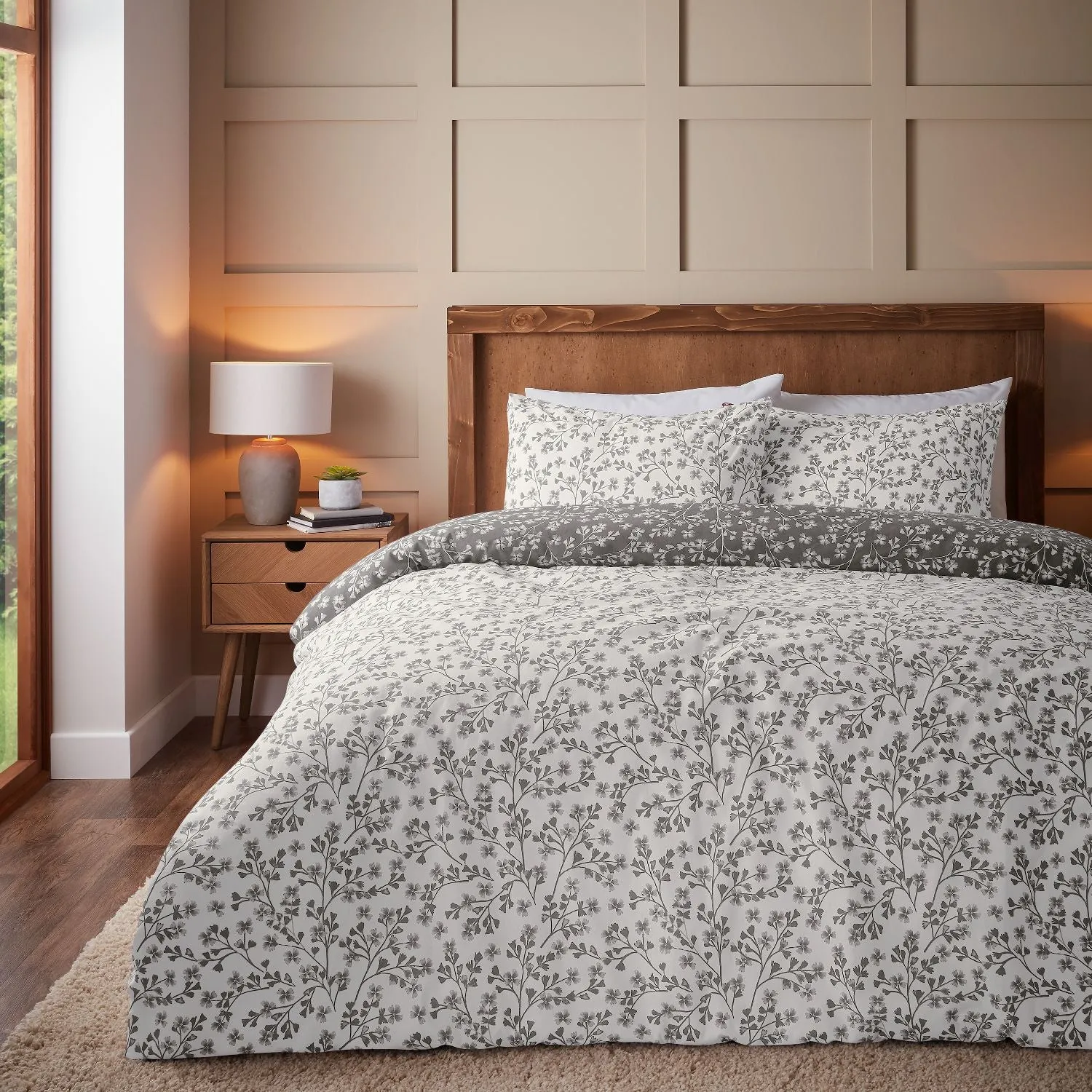 Single Duvet Set Floral - Grey, Brushed Cotton