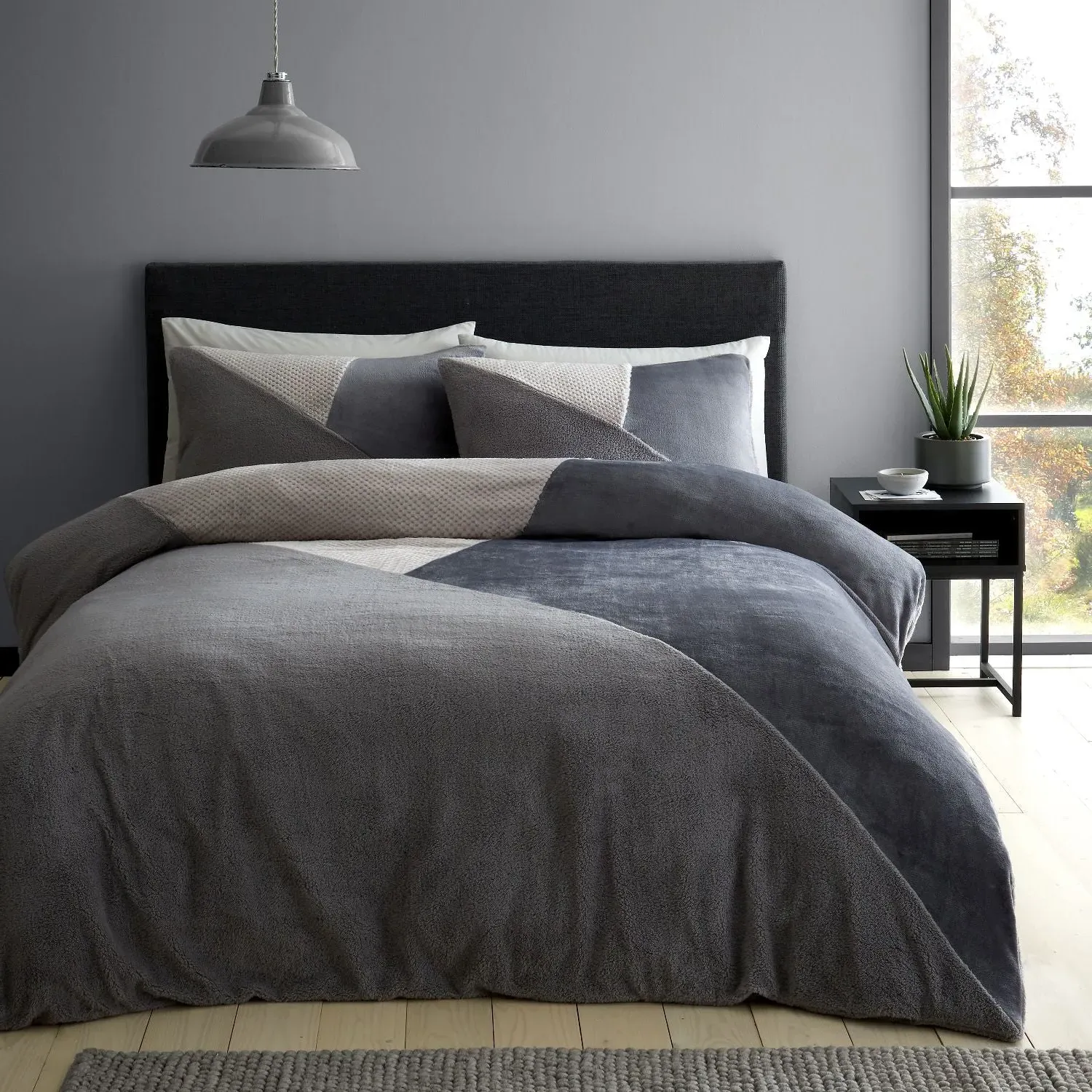 Single Duvet Set Geometric - Grey, Fleece