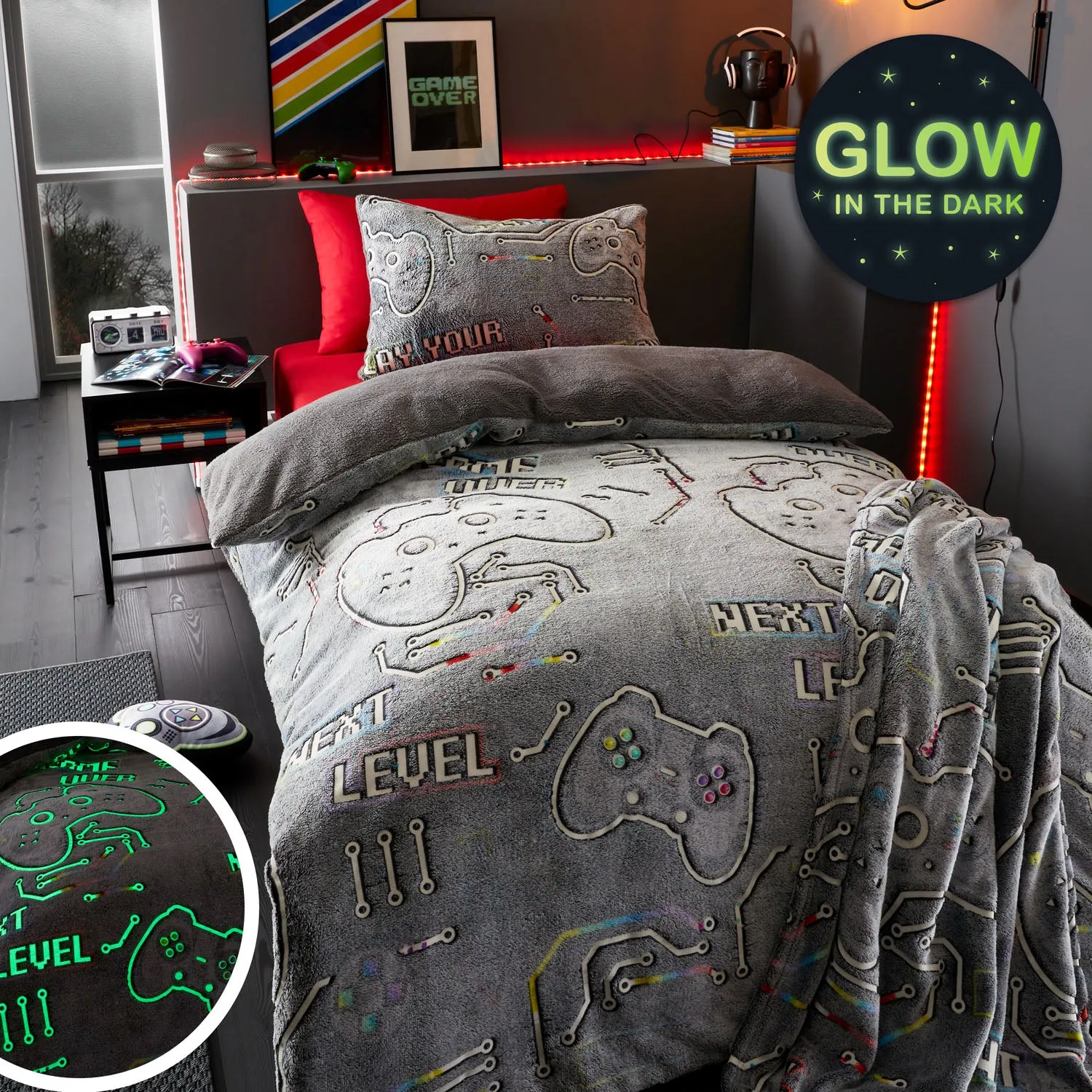 Single Duvet Set Glow in Dark - Black, Fleece