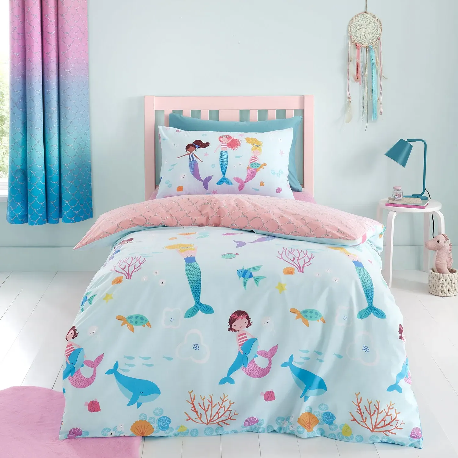 Single Duvet Set Reversible - Blue, Cotton Blend